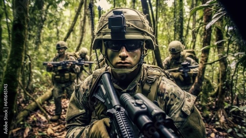 Special forces soldier with assault rifle in the jungle. Selective focus.