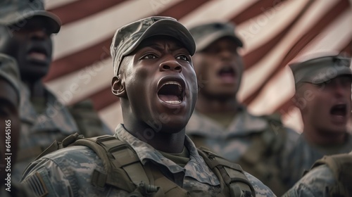 African american soldier shouting in front of usa flag during military training photo