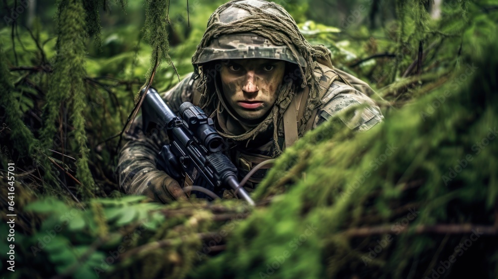Portrait of a soldier in camouflage with a machine gun in the forest