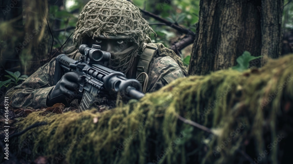 Military man with sniper rifle in the forest. Selective focus.