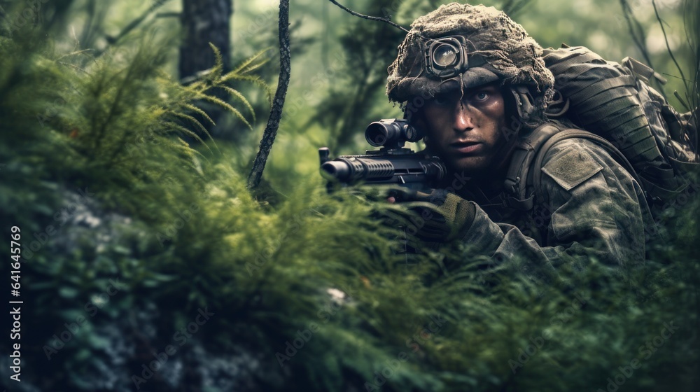 Military man with sniper rifle in the forest. Selective focus.