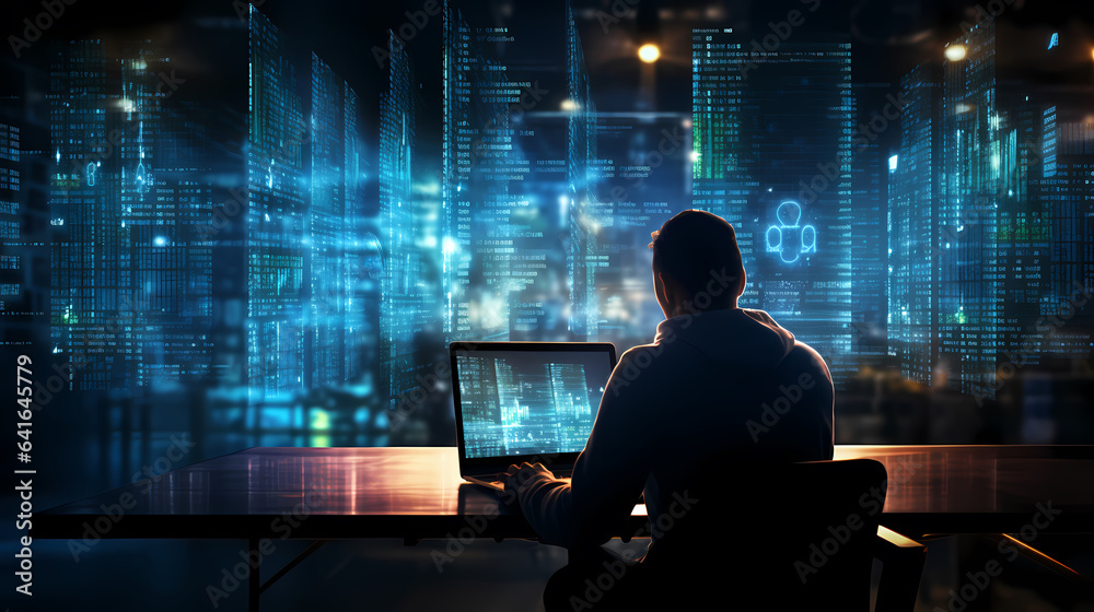Computer, screen hologram and person coding, software development or programming script in cybersecurity. Night, laptop research and programmer or IT people on html code, expansion or 3d data in dark Computer, screen hologram and person coding, software development or programming script in cybersecurity. Night, laptop research and programmer or IT people on html code, expansion or 3d data in dark