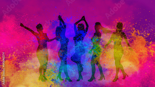 Silhouette of female dancer captured in multiple dynamic poses against backdrop of explosive multi-colored powder and dust, inspired by Holi festival celebrations