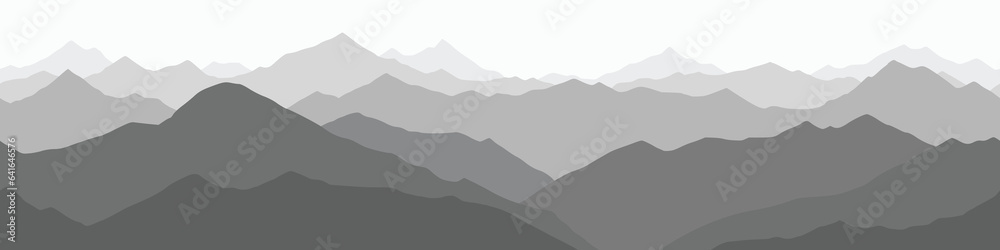 Black and white mountain landscape, ridges in the fog, seamless border, panoramic view