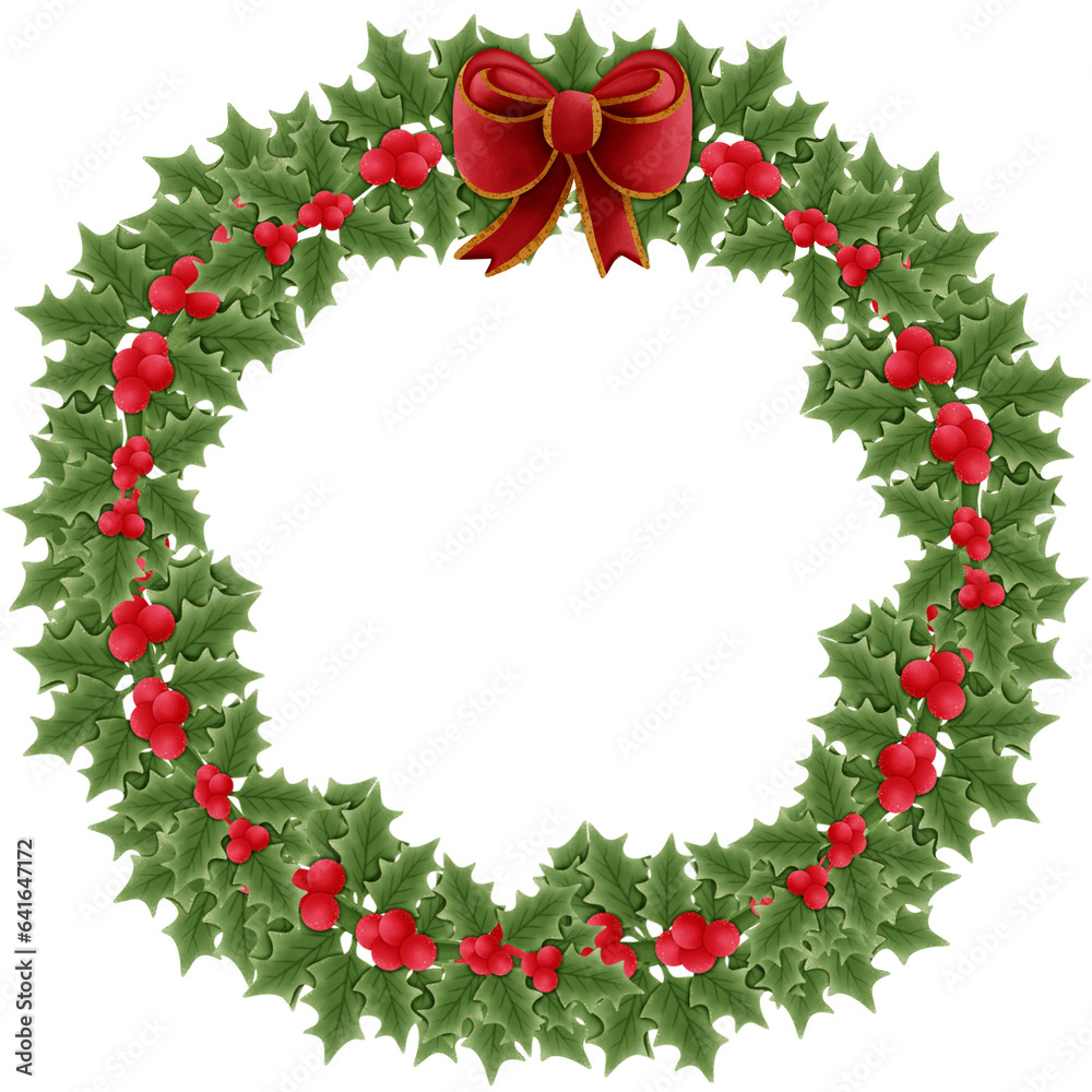 christmas wreath with holly branch with red berries and green leaves isolated on transparent background 