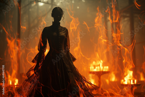 Halloween girl in flames double exposure