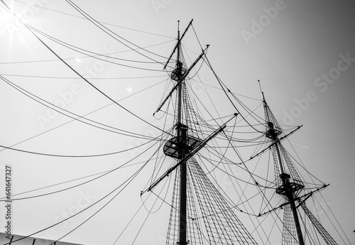 Ship masts in the sky, bottom view, black and white photo.