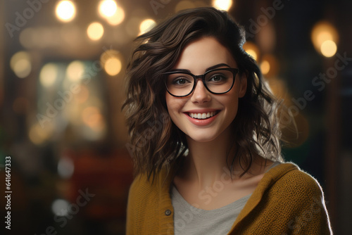 Woman with glasses smiles. AI generative.