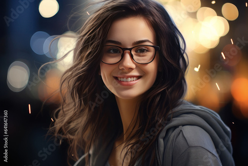 Beautiful woman in glasses smiling. AI generative.
