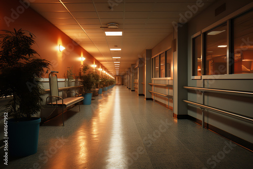 An endless corridor with pale lights overhead, creating a serene atmosphere in a bustling hospital