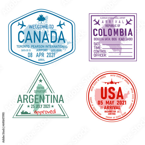 Vector stamp in passport for travel or immigration. Pictures set isolate on white