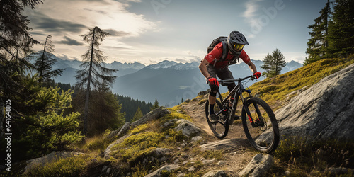 Mountain biker cyclist riding a bicycle downhill on a mountain bike trail. Outdoor recreational lifestyle adventure sport activity in nature photo