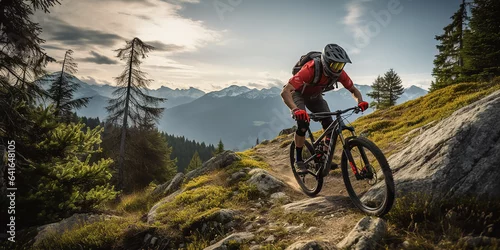 Obraz Mountain biker cyclist riding a bicycle downhill on a mountain bike trail. Outdoor recreational lifestyle adventure sport activity in nature