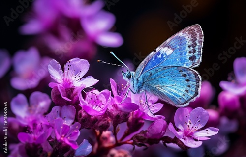 Beautiful butterfly with purple and blue hues perches delicately on a vibrant anemone forest flower. © gdgaffar
