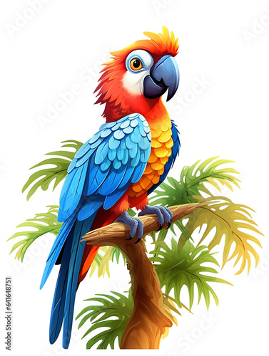 A colorful parrot sitting on a branch. Cartoon illustration isolated on a white background.