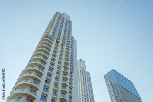 Look up at urban buildings, residential skyscrapers, view up