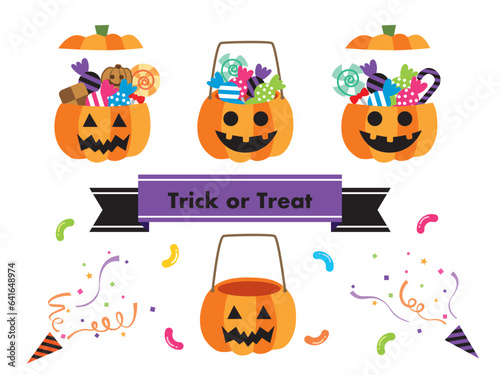 ハロウィン　かぼちゃのバスケットとお菓子のイラストセット