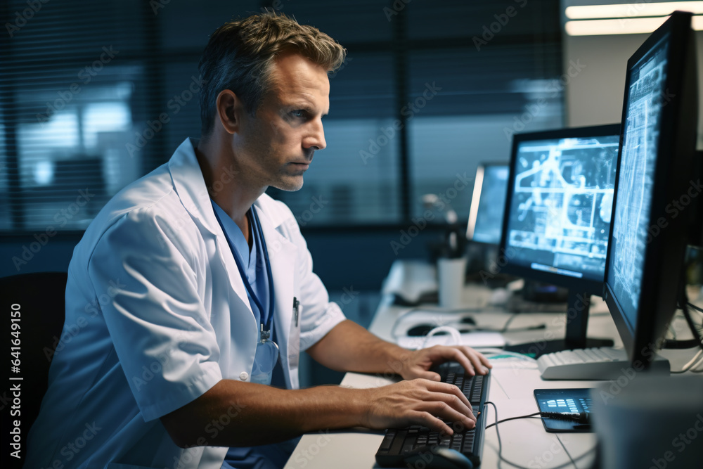 male doctor looking at his computer screen in a well-lit lab room - Generative AI