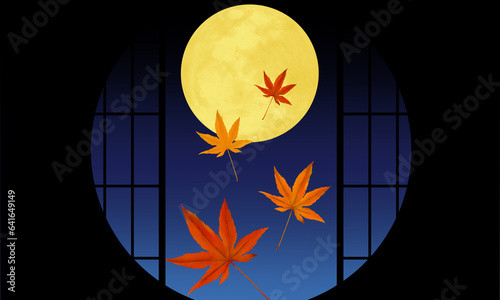 満月と紅葉の和風背景素材