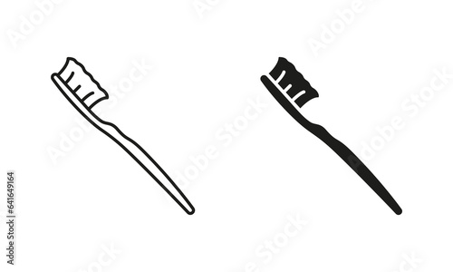 Toothbrush Silhouette and Line Icon Set. Oral Hygienic and Health Tool Sign. Tooth Care Equipment Black Pictogram Collection. Dental Daily Hygiene Accessory Symbol. Isolated Vector Illustration