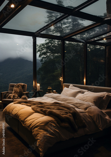 A large glass box home in the mountains. It is thunderstorming outside. A cozy bed with white and brown blankets and pillows - Generative AI © seogi