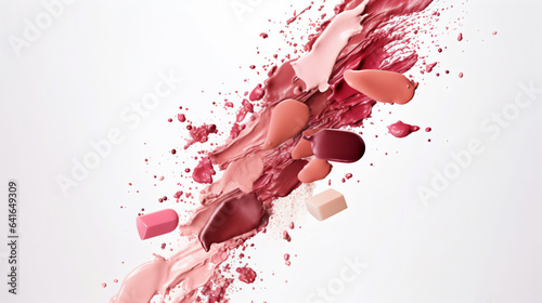 Beauty cosmetics makeup product flying in air cutout minimal. Woman make up collection falling on white background. Trendy fashionable layout. Cosmetology make-up advertising, top view - Generative AI