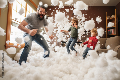 Playful family members engage in a lighthearted indoor "snowball" fight using soft cotton balls, spreading laughter and joy