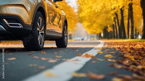 Close up Car on asphalt road on autumnr day at park - Generative AI