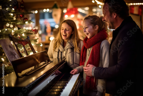 Voices blend harmoniously as family members gather around a piano, pouring their hearts into singing beloved carols on Christmas Eve photo