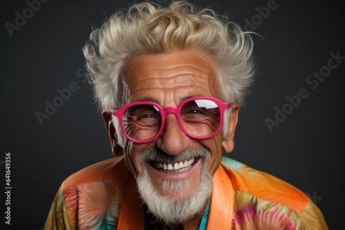 Cool and stylish senior old man with fashionable clothes and pink glasses. Portrait of happy grandfather.