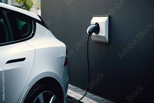 Electric car parking at home charging station, focus on wall charger - Generative AI