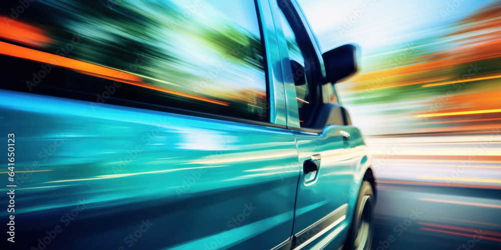 Obraz premium Сlose-up photograph looking out of the front window of the car onto the road ahead, showing acceleration and speed. Stylized with blur and action. Blue, green colors.