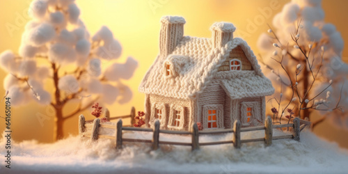 Charming knitted hand-made house: a cozy abode on a blurry winter background