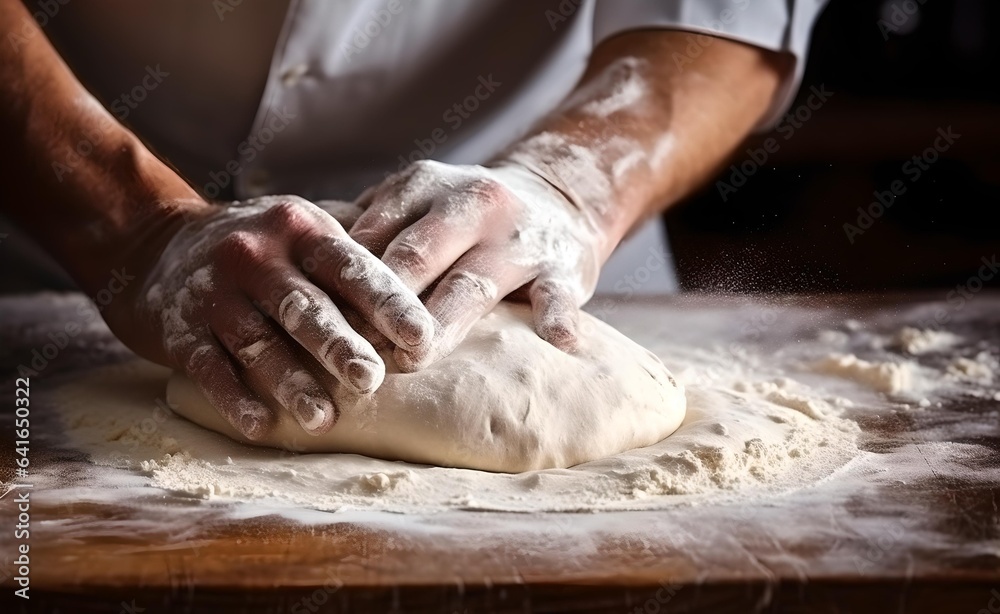 Bakery flour rolling hands prepare dough for bread food meal restaurant.