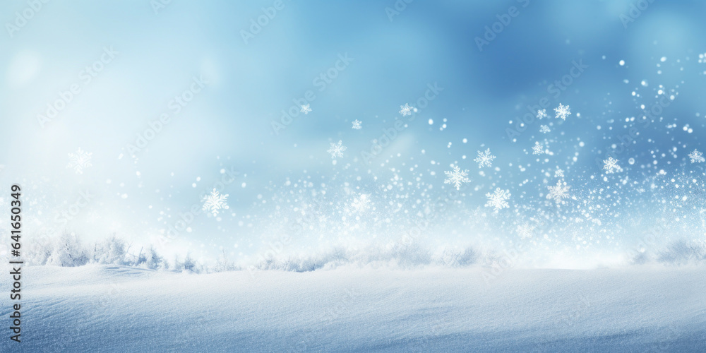 Fototapeta premium Winter snow background with snowdrifts, with beautiful light and snow flakes on the blue sky, beautiful bokeh circles, banner format, copy spaceю