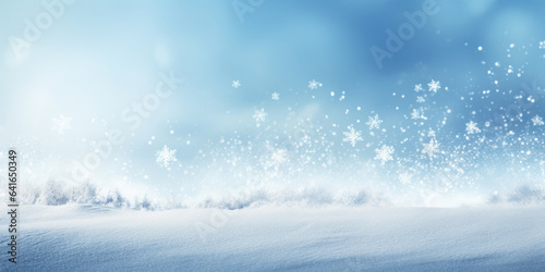 Winter snow background with snowdrifts, with beautiful light and snow flakes on the blue sky, beautiful bokeh circles, banner format, copy spaceю © red_orange_stock