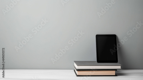 Reader and hardcover books on light grey table