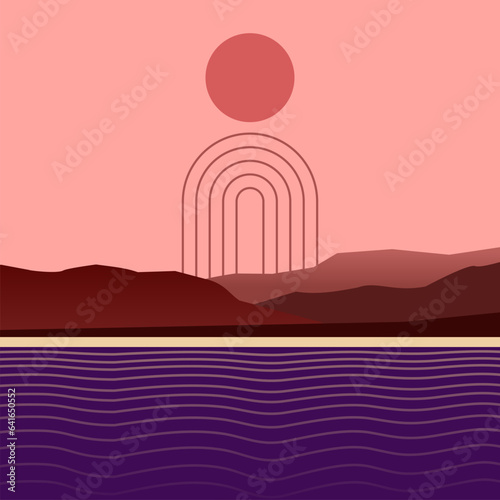 Sunset over hills and lake. Retro abstract Bauhaus wall art. Minimal mid century decoration. 60s, 70s abstract geometric stripes. Purple sun and wavy ocean. Mountains and beach. Vector illustration.  