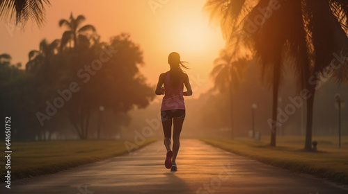 Young woman doing exercise walking and run on country road in the morning with sunrise background - Generative AI photo