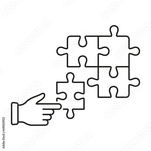 Connect Parts of Puzzle Outline Sign. Human Hand and Jigsaw Linear Pictogram. Team Game, Puzzle Strategy Solution Line Icon. Brainstorming Concept. Editable Stroke. Isolated Vector Illustration