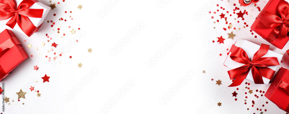 Christmas card with gifts in a red package, Christmas tree decorations and confetti on a white background with copy space, legal AI Christmas card with gifts in a red package, Christmas tree decorations and confetti on a white background with copy space, legal AI