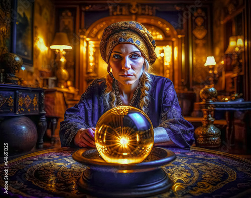 Illustration of a portrait of a fortune teller with a magic ball.