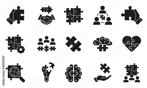 Collaboration and Teamwork Silhouette Icon Set. Puzzle Jigsaw Together Glyph Pictogram. Team Building, Unity, Success Partnership. Find Solution Solid Symbol. Isolated Vector Illustration