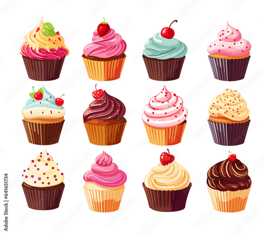 Different cartoon cupcakes set. Delicious muffins collection. Cupcake with chocolate, pink cream, cherry, strawberry Different cartoon cupcakes set. Delicious muffins collection. Cupcake with chocolate, pink cream, cherry, strawberry