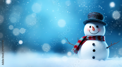 Snowman in snowy winter christmas holiday banner with copyspace. Generative ai © mr_marcom