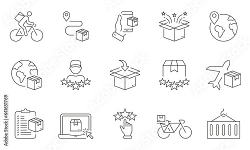 Online Store Line Icon Set. Delivery Service and E-commerce Linear Pictogram. Global Purchase, Order Shipping Outline Symbol. Parcel Box, Container Sign. Editable Stroke. Isolated Vector Illustration