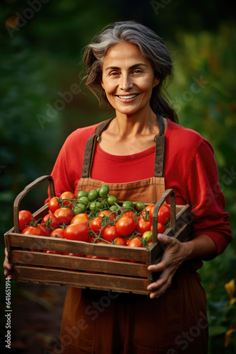 beautiful mature woman holding a crate with fresh vegetables in a garden, Generative AI