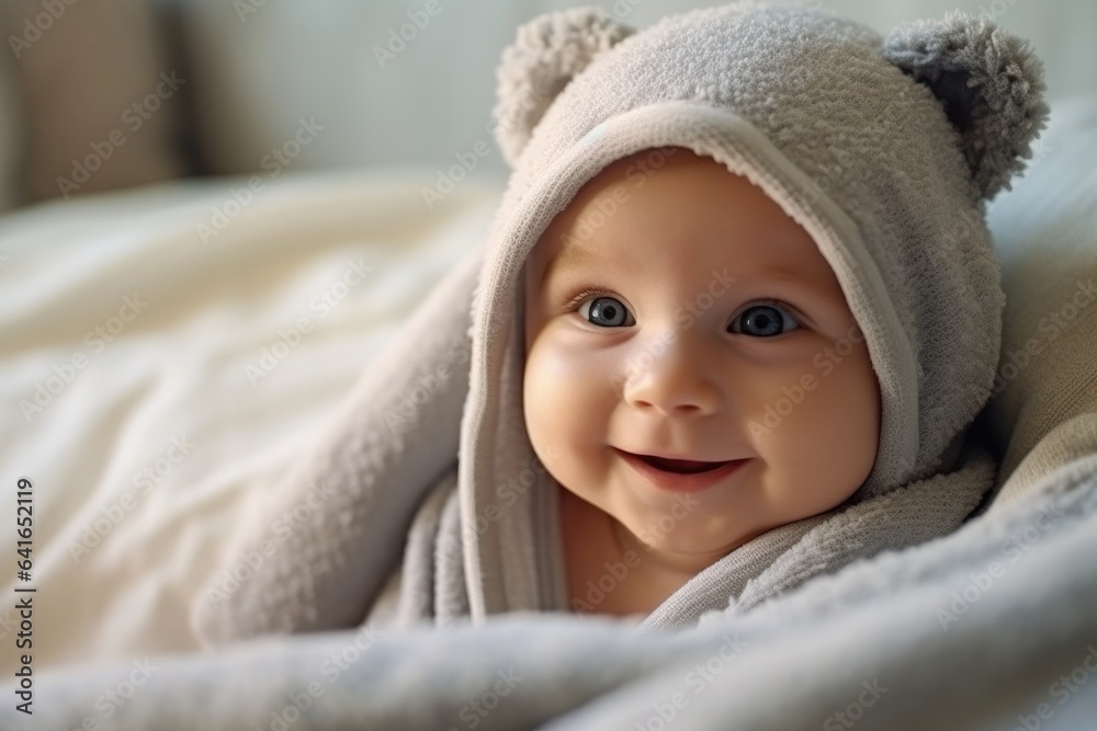 Portrait of adorable smiling baby in hooded towel on bed after having bathtime Portrait of adorable smiling baby in hooded towel on bed after having bathtime