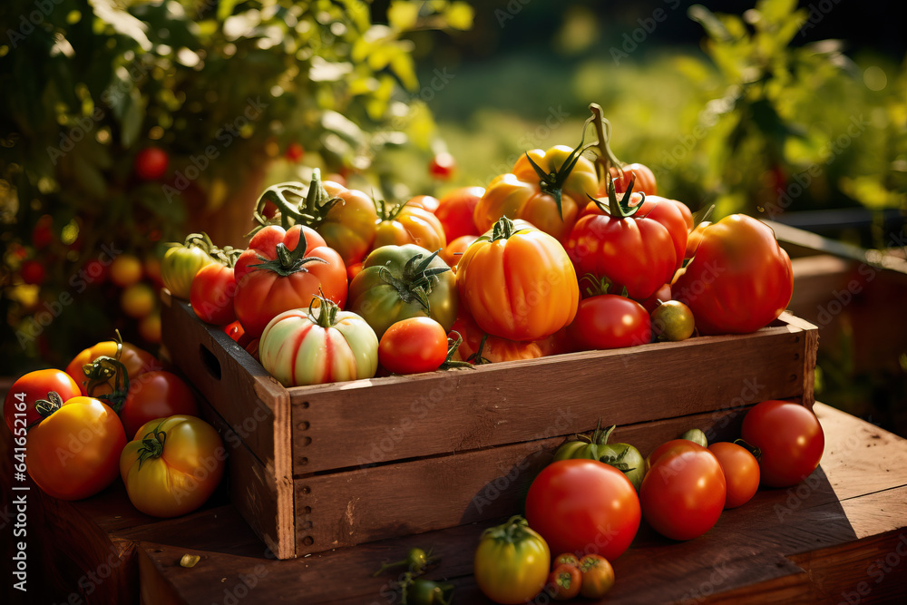fresh heirloom tomatoes in wooden crate in evening garden, Generative AI