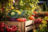fresh vegetables in wooden crates, farmer eco market, Generative AI